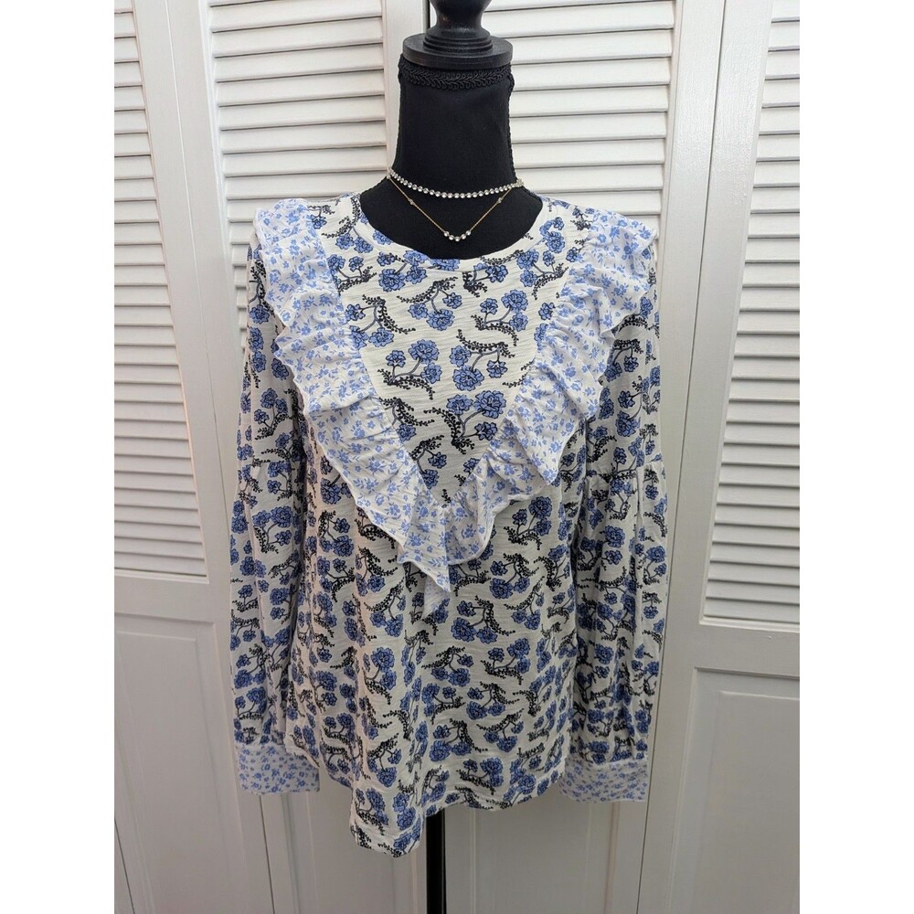 Goldie Lewinter Blouse Women L Pima Ruffle Cottage Blue White Floral Boho V-Top